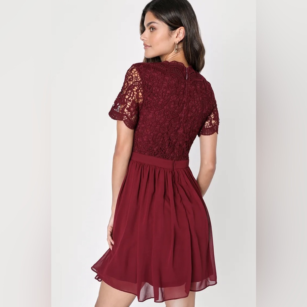 NWT Lulus Angel in Disguise Burgundy Lace Skater Dress